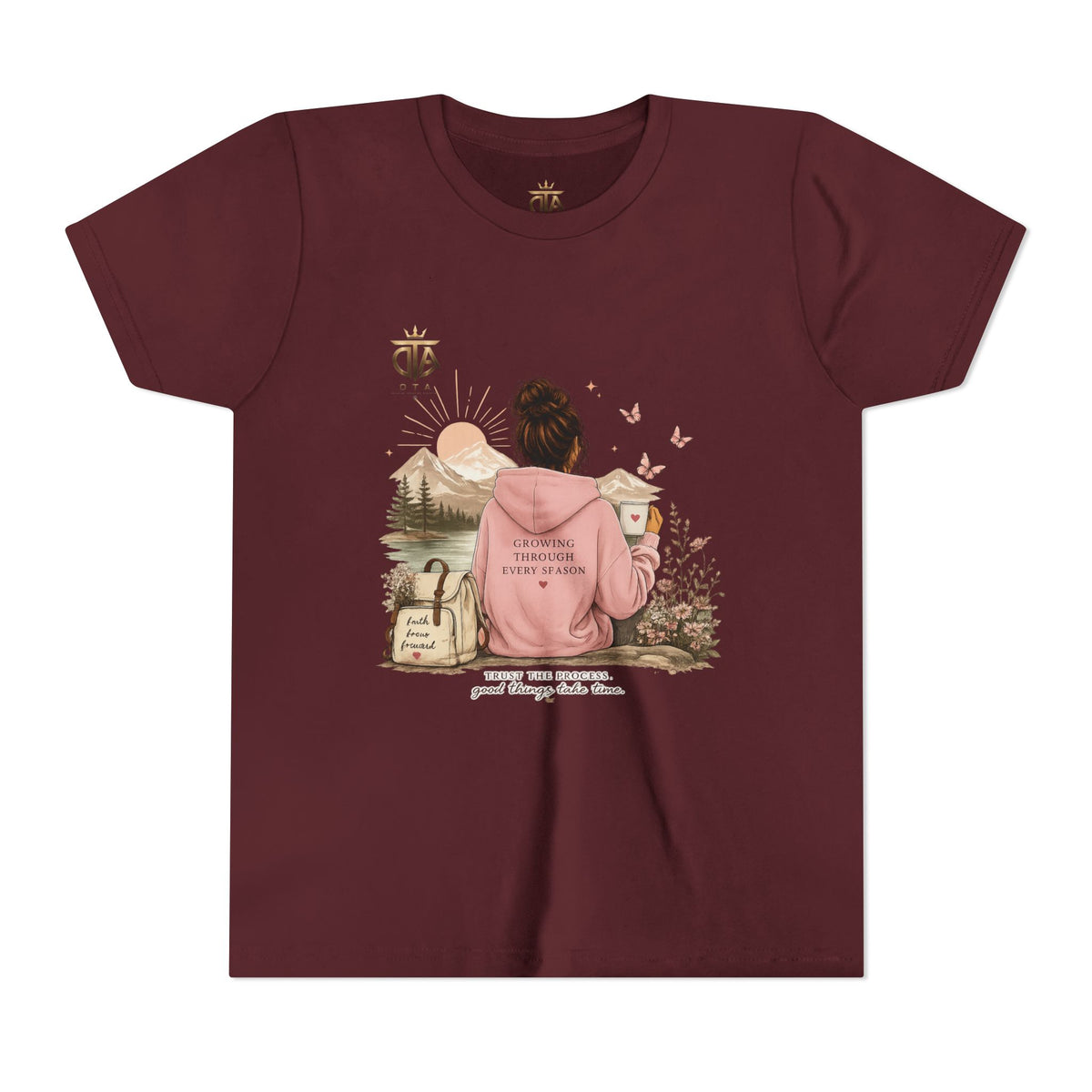 Youth Tee – Cozy Nature Graphic "Adventure Begins" Shirt for Girls