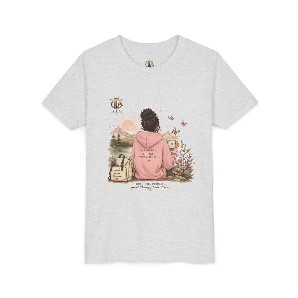 Youth Tee – Cozy Nature Graphic "Adventure Begins" Shirt for Girls