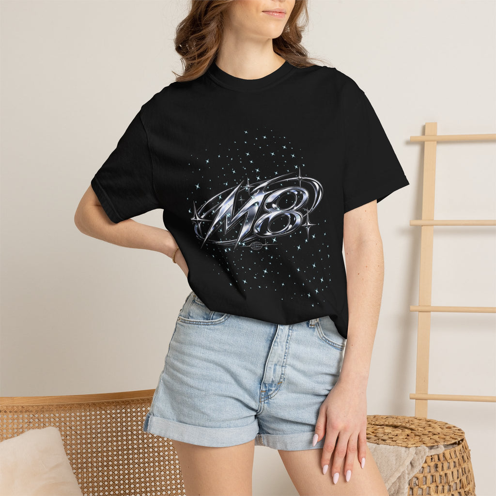M8 Galaxy Graphic T-Shirt — Metallic Script Starfield Design