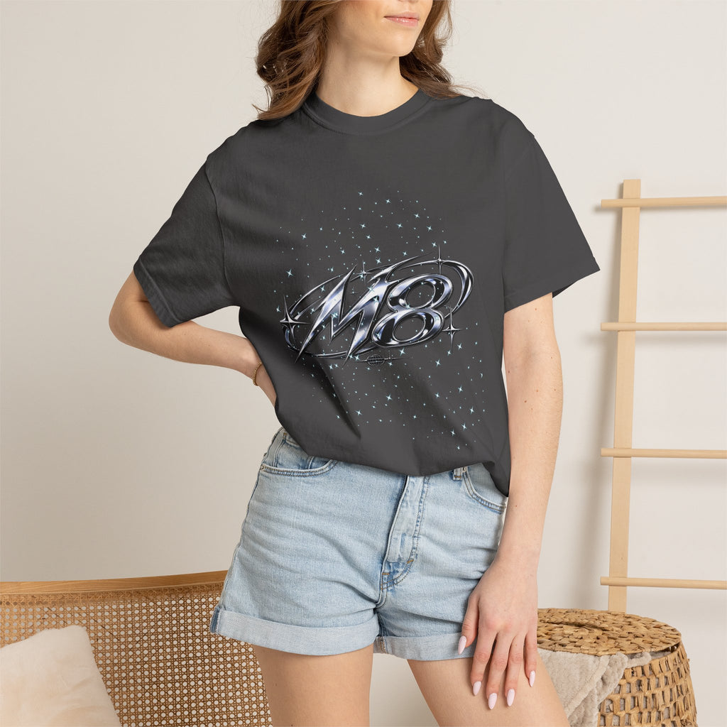 M8 Galaxy Graphic T-Shirt — Metallic Script Starfield Design