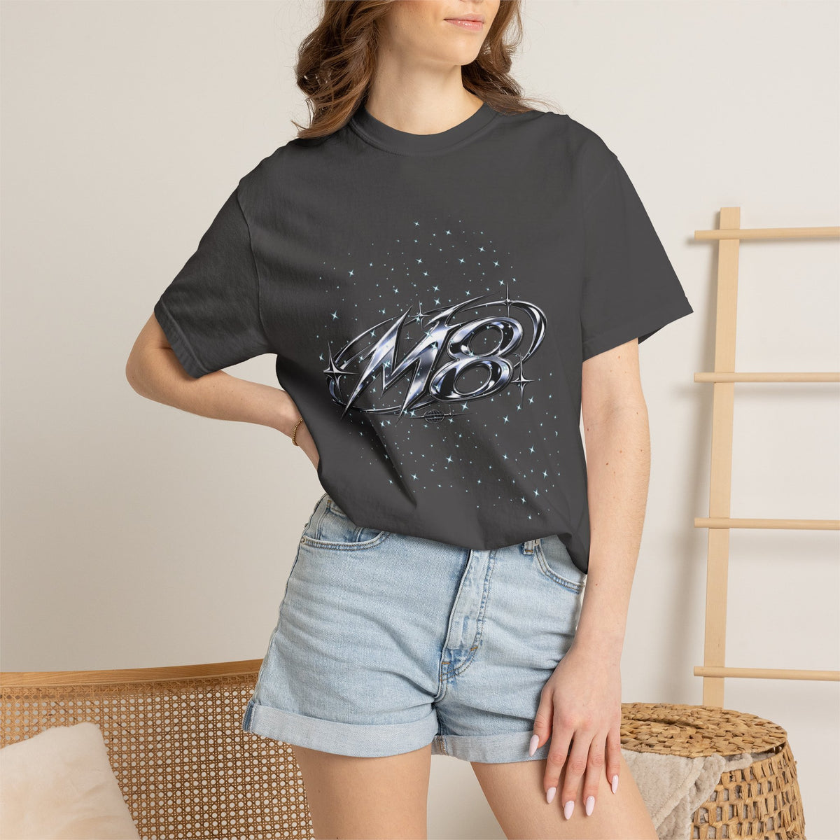 M8 Galaxy Graphic T-Shirt — Metallic Script Starfield Design