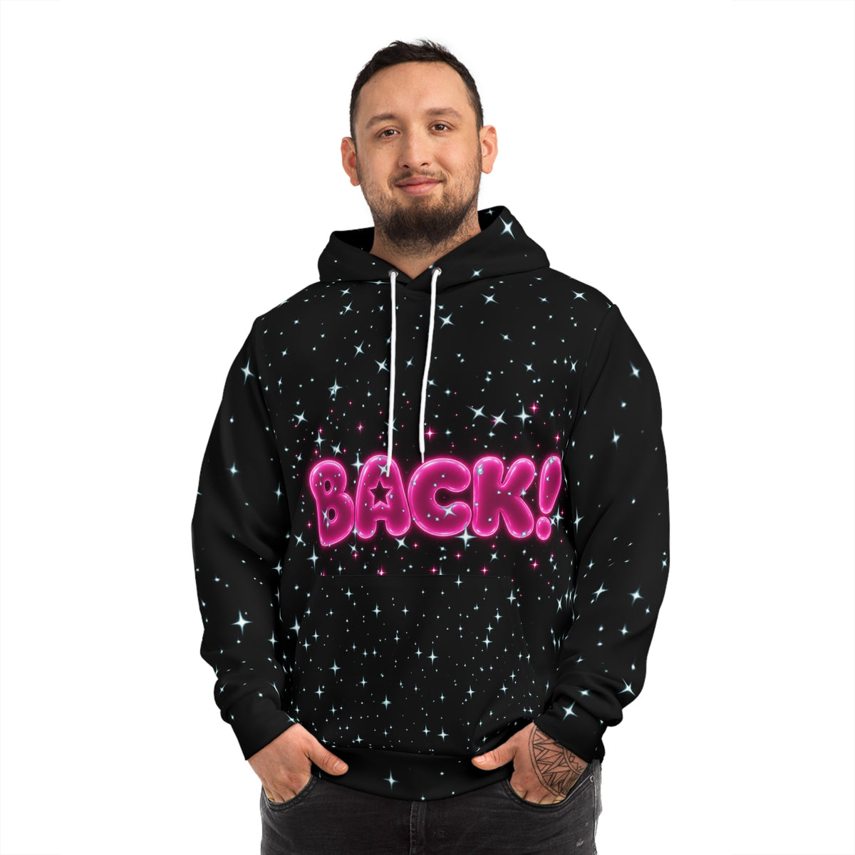 Starry 'BACK!' Graphic Hoodie — Neon Bubble Letter Space Sweatshirt