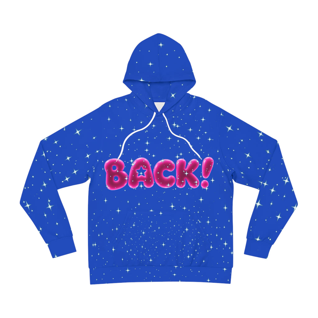 Starry Blue "BACK!" Hoodie — Bold Bubble Letter Graphic Pullover
