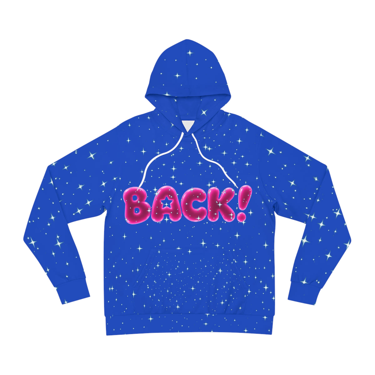 Starry Blue "BACK!" Hoodie — Bold Bubble Letter Graphic Pullover