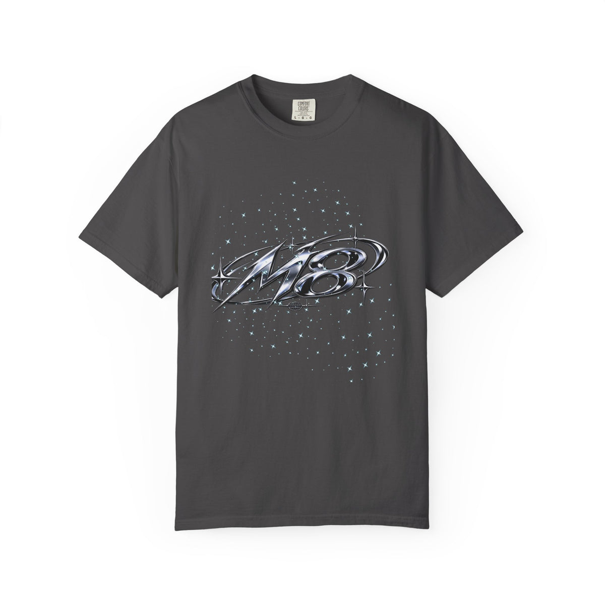 M8 Galaxy Graphic T-Shirt — Metallic Script Starfield Design
