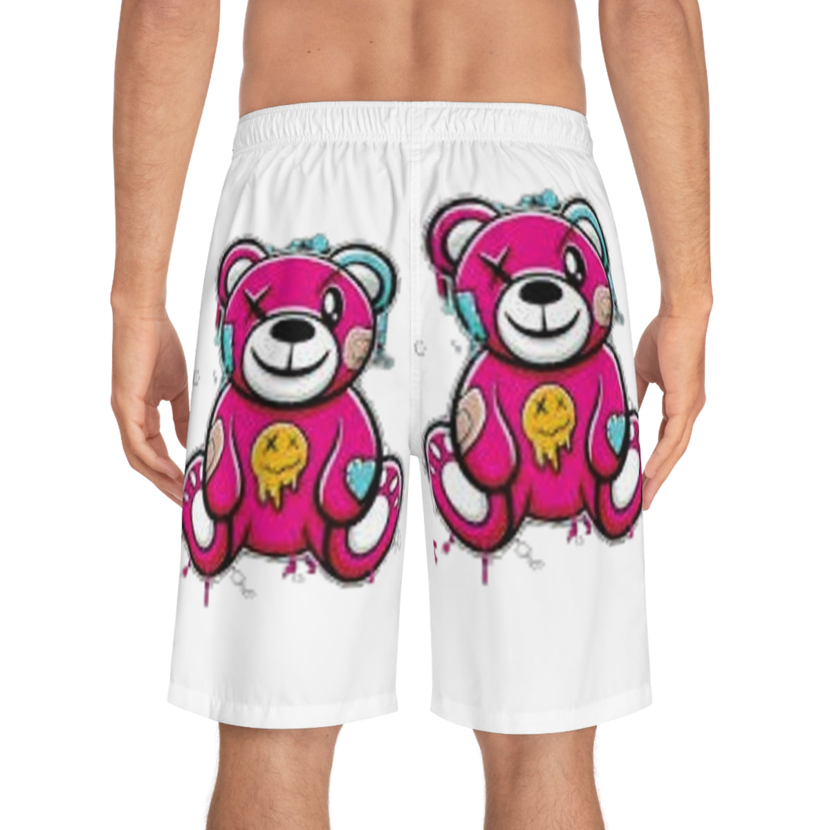 Men's Board Shorts — Distressed Joker Smile & Pink Graffiti Teddy All-Over Print