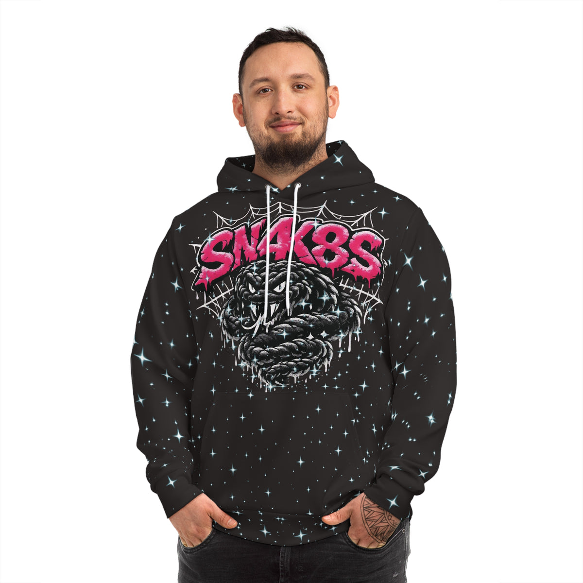 SN4k8S Graphic Hoodie — 'SN4K8S' Retro Streetwear All-Over Print