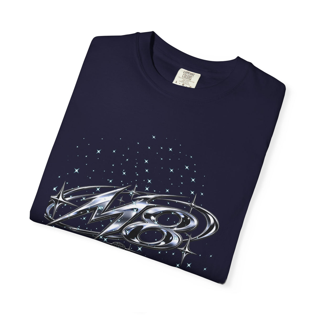 M8 Galaxy Graphic T-Shirt — Metallic Script Starfield Design
