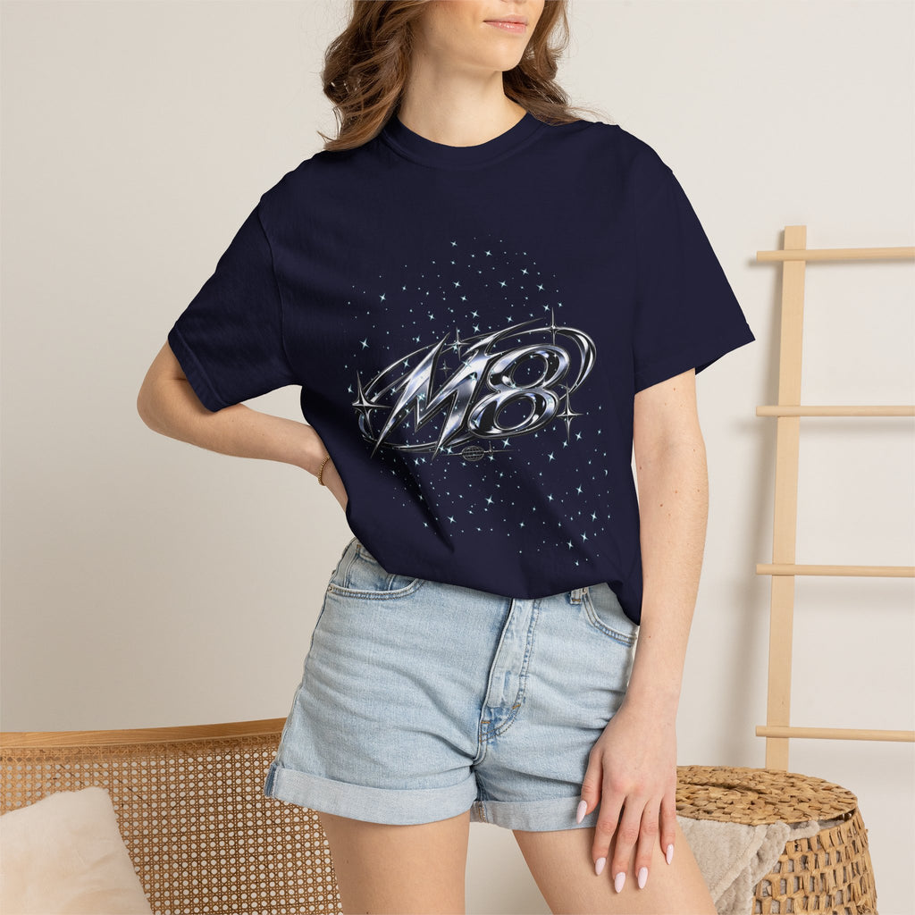 M8 Galaxy Graphic T-Shirt — Metallic Script Starfield Design