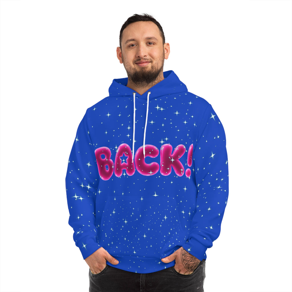 Starry Blue "BACK!" Hoodie — Bold Bubble Letter Graphic Pullover