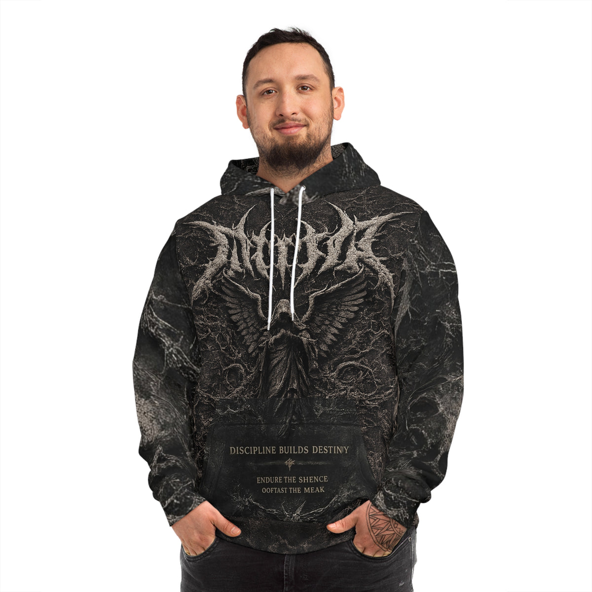 Gothic Marble Angel Hoodie – "Discipline Builds Destiny" All-Over Print