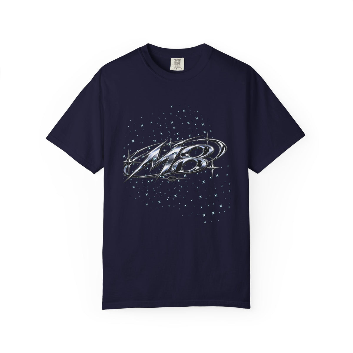 M8 Galaxy Graphic T-Shirt — Metallic Script Starfield Design
