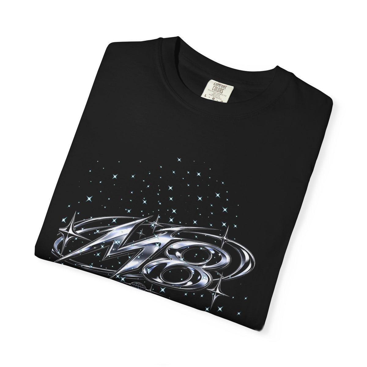 M8 Galaxy Graphic T-Shirt — Metallic Script Starfield Design