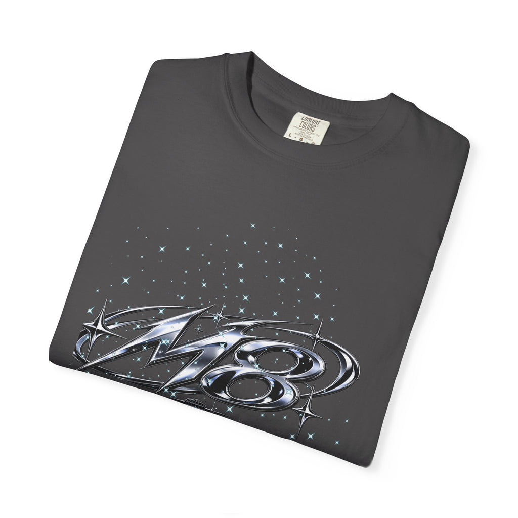 M8 Galaxy Graphic T-Shirt — Metallic Script Starfield Design