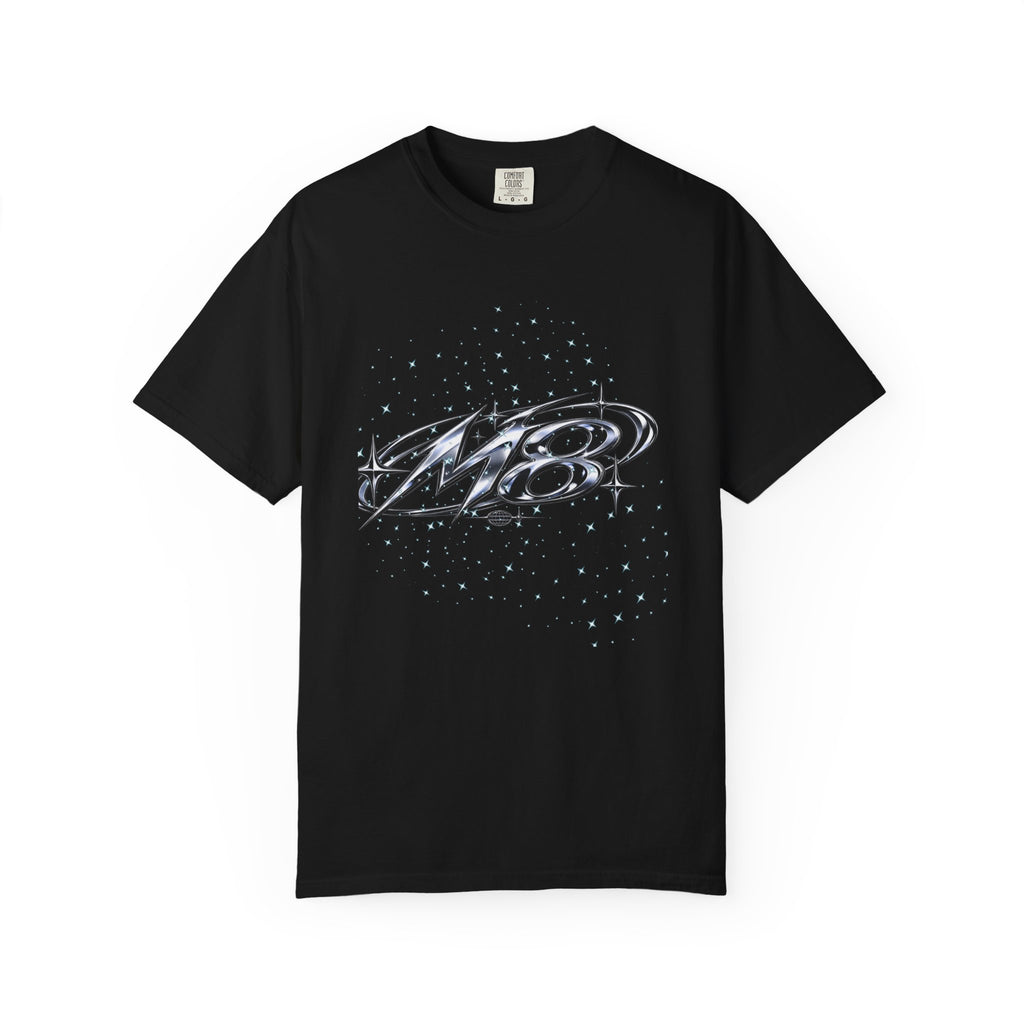 M8 Galaxy Graphic T-Shirt — Metallic Script Starfield Design